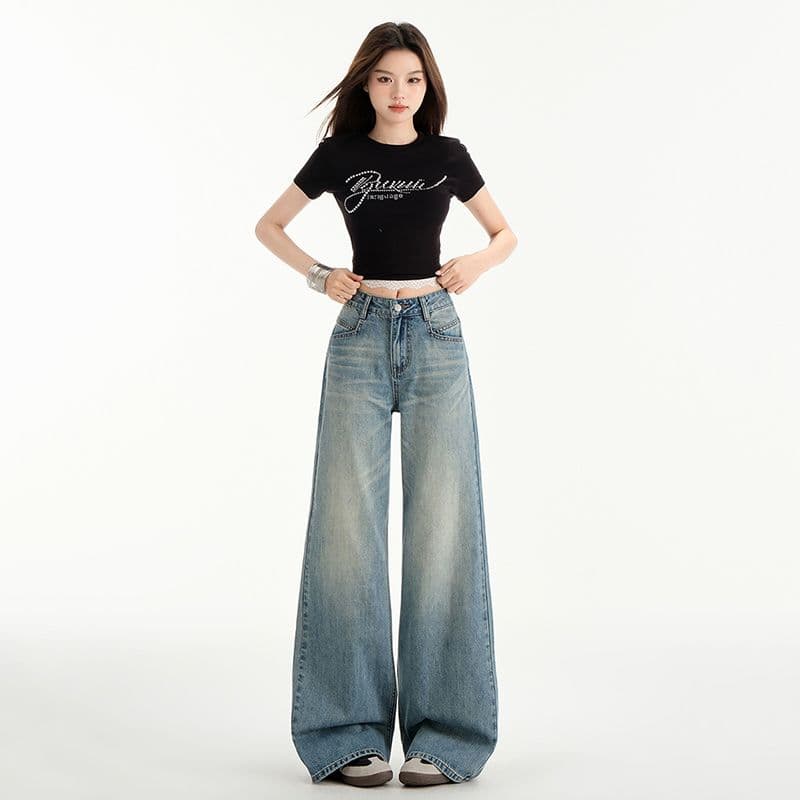 레트로 아메리칸 거리 넓은 다리 청바지 핫걸 스트레이트 바닥 청소 바지 여성 긴 바지 길이 연장 이미지 3
