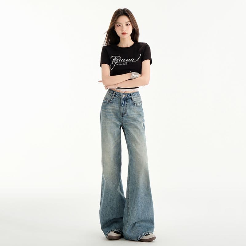 레트로 아메리칸 거리 넓은 다리 청바지 핫걸 스트레이트 바닥 청소 바지 여성 긴 바지 길이 연장 이미지 5
