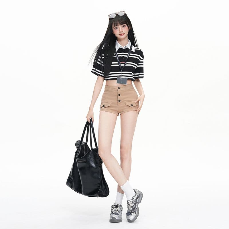 오래된 돈 바람 순수한 욕망 펭 넓적 다리 데님 반바지 여성 2026 여름 새로운 기타 버클 하이웨이스트 타이트 슬림해 보이는 타이트 스커트 핫 바지 이미지 3