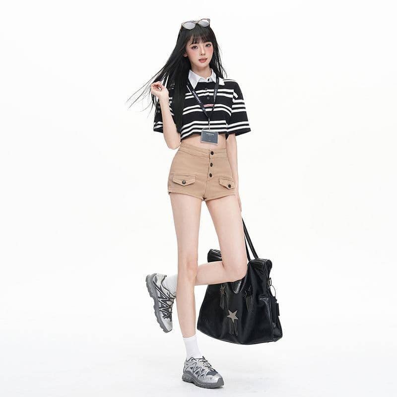 오래된 돈 바람 순수한 욕망 펭 넓적 다리 데님 반바지 여성 2026 여름 새로운 기타 버클 하이웨이스트 타이트 슬림해 보이는 타이트 스커트 핫 바지 이미지 4