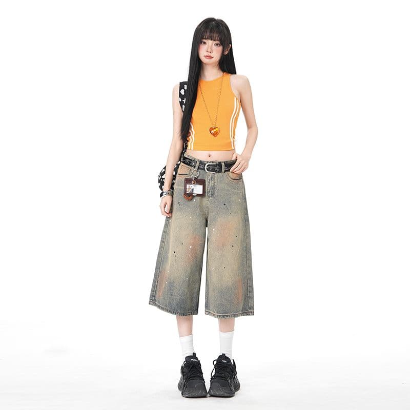 아메리칸 더러운 염색 워싱 마 오래된 먹물 데님 7부 바지 여름 루즈핏 와이드 레그 팬츠 캐주얼 바지 이미지 2
