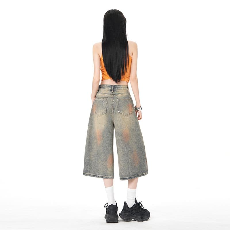 아메리칸 더러운 염색 워싱 마 오래된 먹물 데님 7부 바지 여름 루즈핏 와이드 레그 팬츠 캐주얼 바지 이미지 3