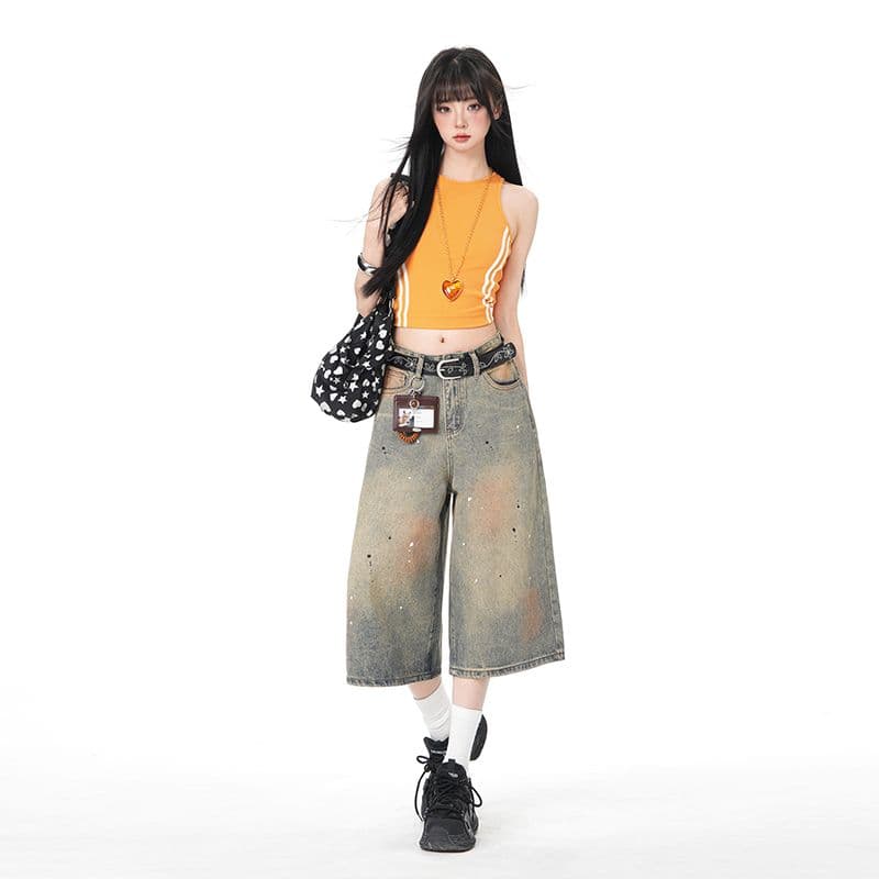 아메리칸 더러운 염색 워싱 마 오래된 먹물 데님 7부 바지 여름 루즈핏 와이드 레그 팬츠 캐주얼 바지 이미지 4