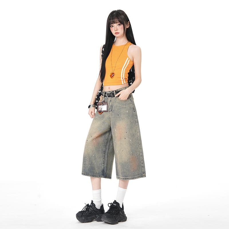 아메리칸 더러운 염색 워싱 마 오래된 먹물 데님 7부 바지 여름 루즈핏 와이드 레그 팬츠 캐주얼 바지 이미지 5