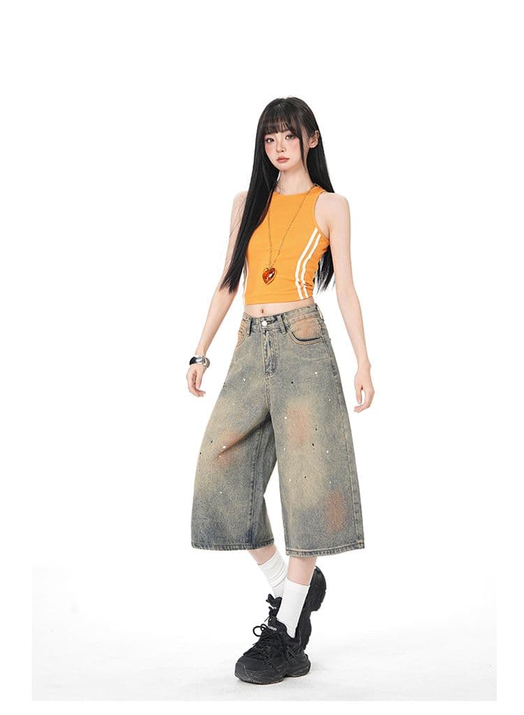 아메리칸 더러운 염색 워싱 마 오래된 먹물 데님 7부 바지 여름 루즈핏 와이드 레그 팬츠 캐주얼 바지 상세 이미지 11