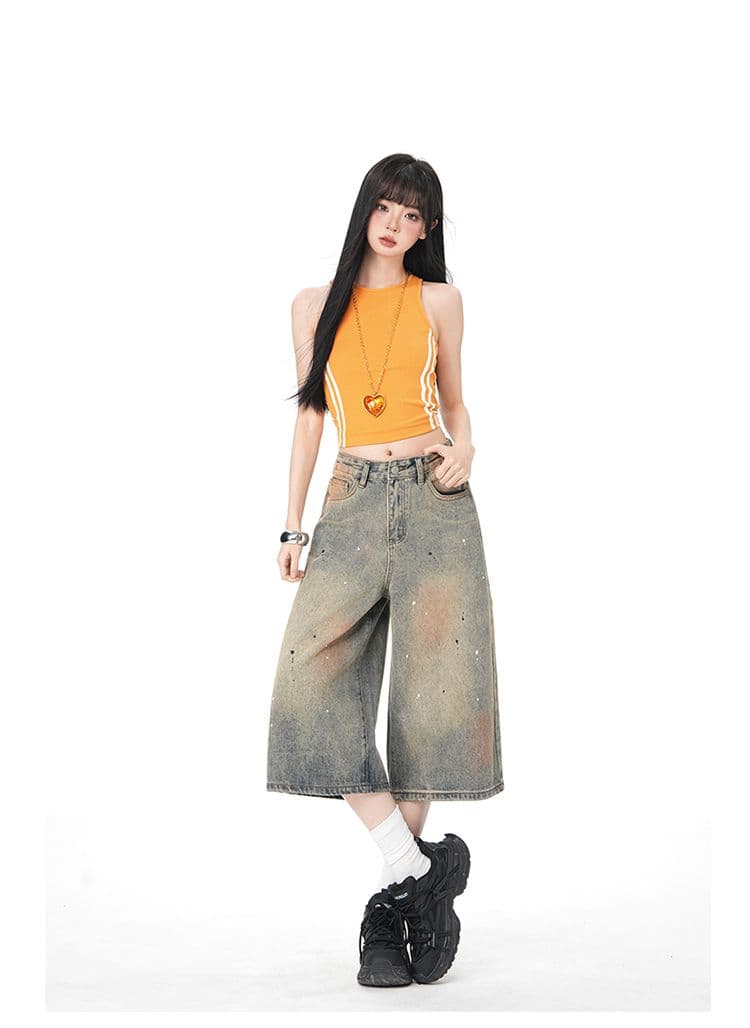 아메리칸 더러운 염색 워싱 마 오래된 먹물 데님 7부 바지 여름 루즈핏 와이드 레그 팬츠 캐주얼 바지 상세 이미지 14