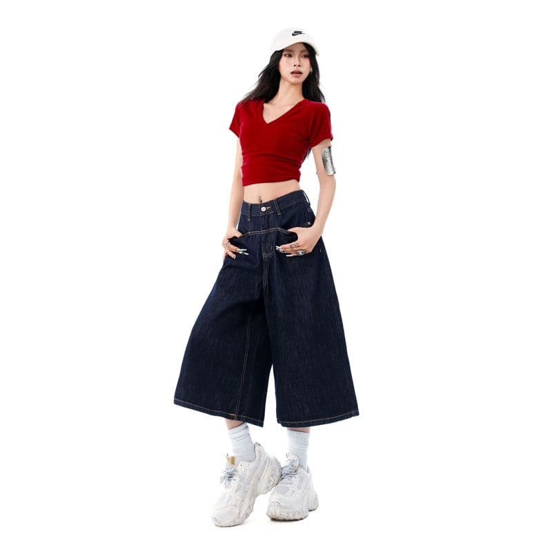 더블 색상 아메리칸 레트로 넓은 다리 7부 바지 루즈핏 슬림해 보이는 하이웨이스트 트렌드 다용도 바지 이미지 5