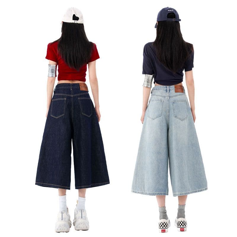 더블 색상 아메리칸 레트로 넓은 다리 7부 바지 루즈핏 슬림해 보이는 하이웨이스트 트렌드 다용도 바지 이미지 6
