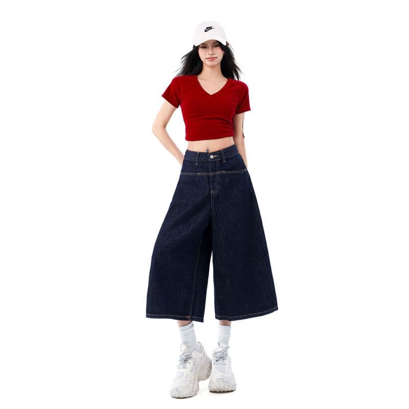 더블 색상 아메리칸 레트로 넓은 다리 7부 바지 루즈핏 슬림해 보이는 하이웨이스트 트렌드 다용도 바지 이미지 4