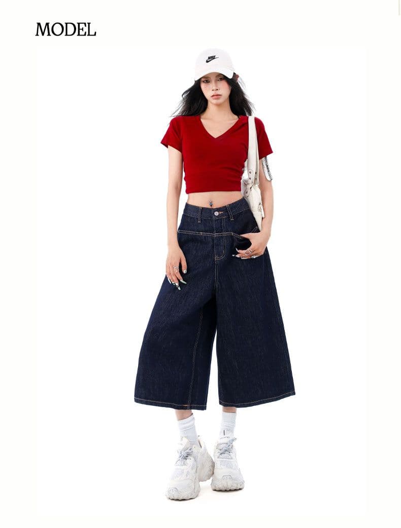 더블 색상 아메리칸 레트로 넓은 다리 7부 바지 루즈핏 슬림해 보이는 하이웨이스트 트렌드 다용도 바지 상세 이미지 28