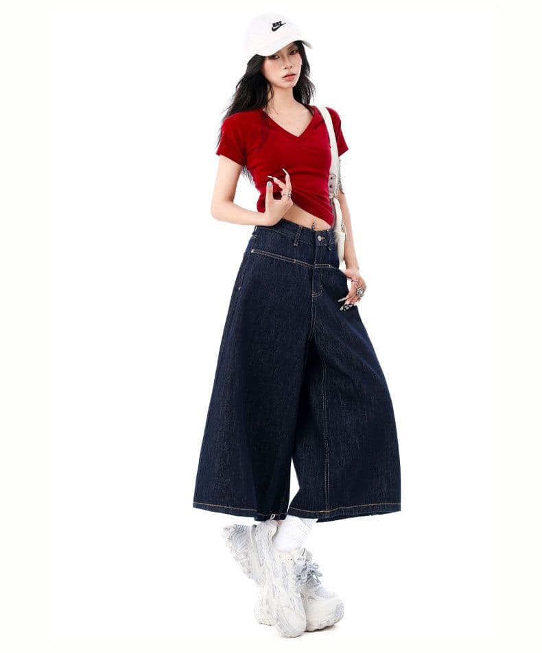 더블 색상 아메리칸 레트로 넓은 다리 7부 바지 루즈핏 슬림해 보이는 하이웨이스트 트렌드 다용도 바지 상세 이미지 29