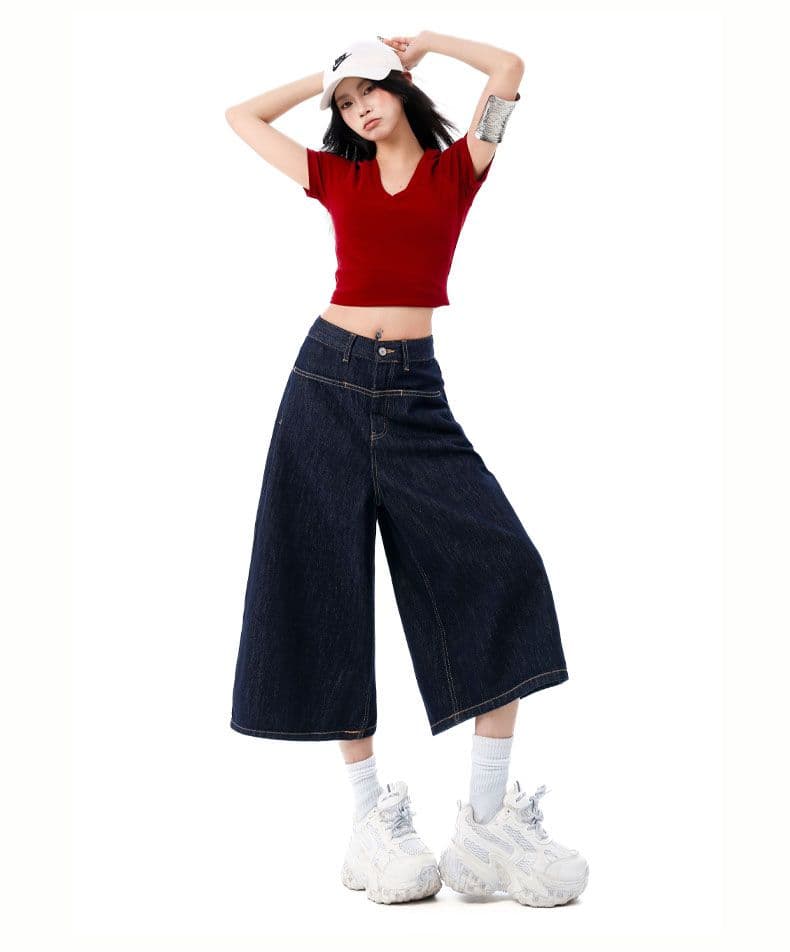 더블 색상 아메리칸 레트로 넓은 다리 7부 바지 루즈핏 슬림해 보이는 하이웨이스트 트렌드 다용도 바지 상세 이미지 31