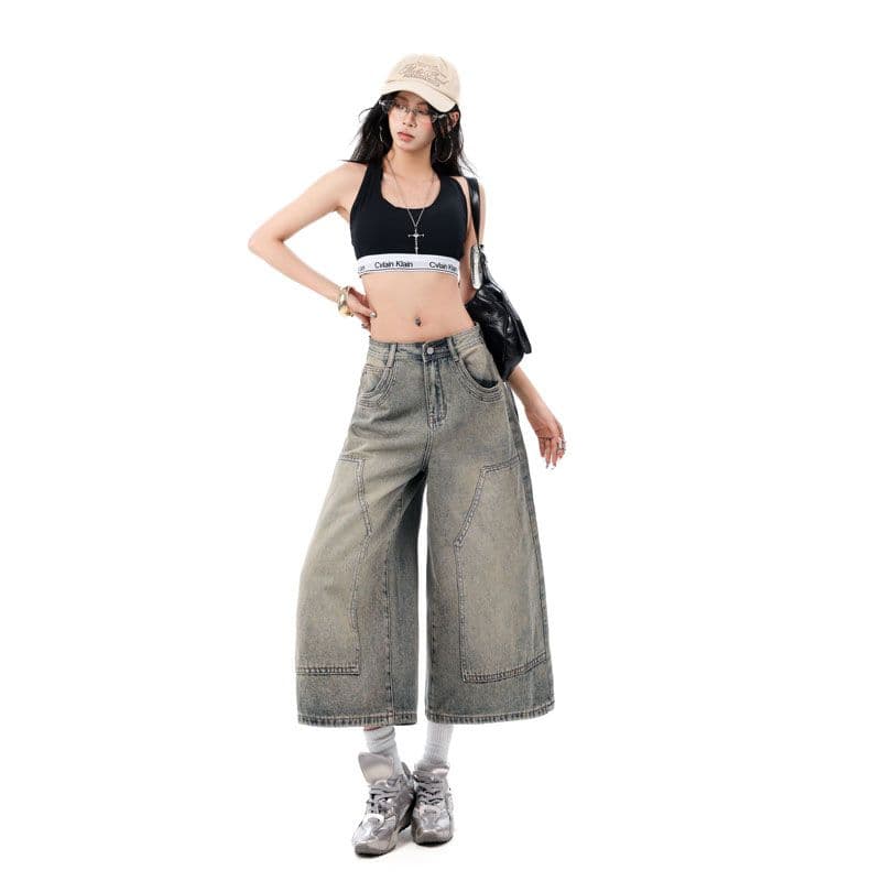 아메리칸 레트로 마 오래된 워싱 루즈핏 넓은 다리 7부 바지 높음 거리 다용도 이미지 4