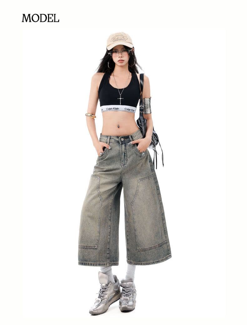 아메리칸 레트로 마 오래된 워싱 루즈핏 넓은 다리 7부 바지 높음 거리 다용도 상세 이미지 8