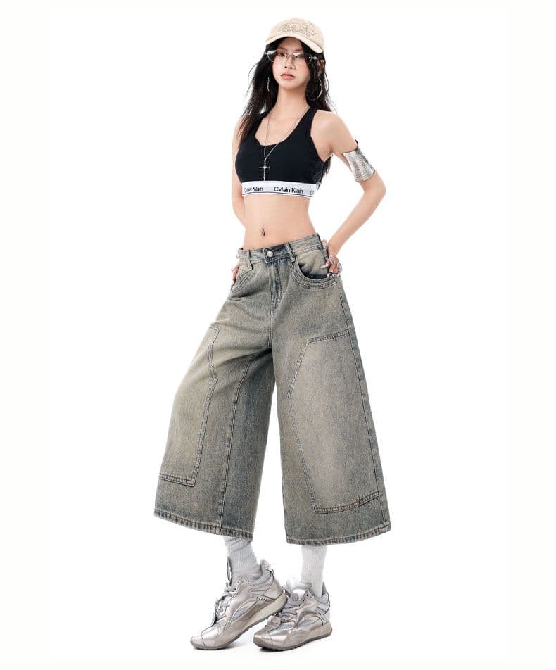 아메리칸 레트로 마 오래된 워싱 루즈핏 넓은 다리 7부 바지 높음 거리 다용도 상세 이미지 14