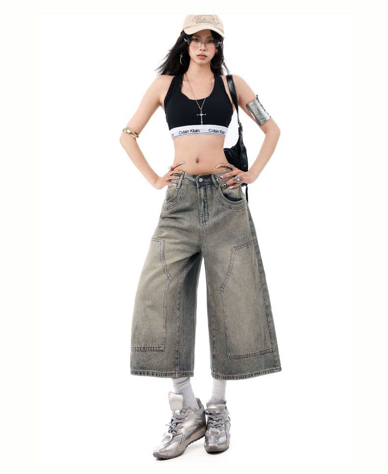 아메리칸 레트로 마 오래된 워싱 루즈핏 넓은 다리 7부 바지 높음 거리 다용도 상세 이미지 16