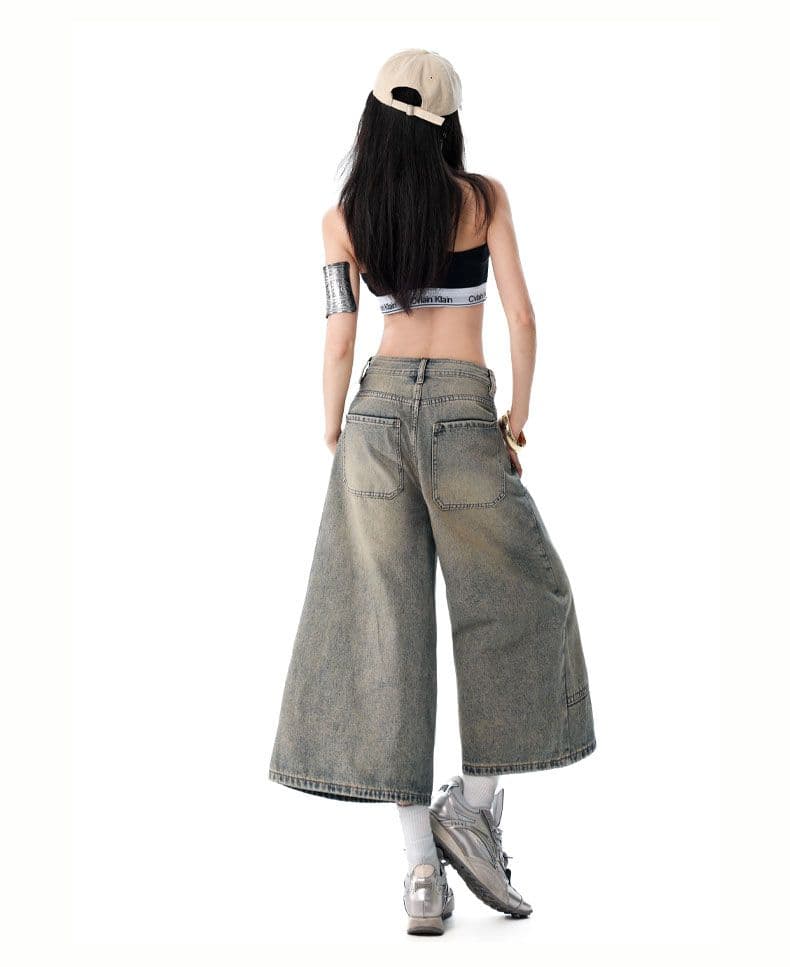 아메리칸 레트로 마 오래된 워싱 루즈핏 넓은 다리 7부 바지 높음 거리 다용도 상세 이미지 17