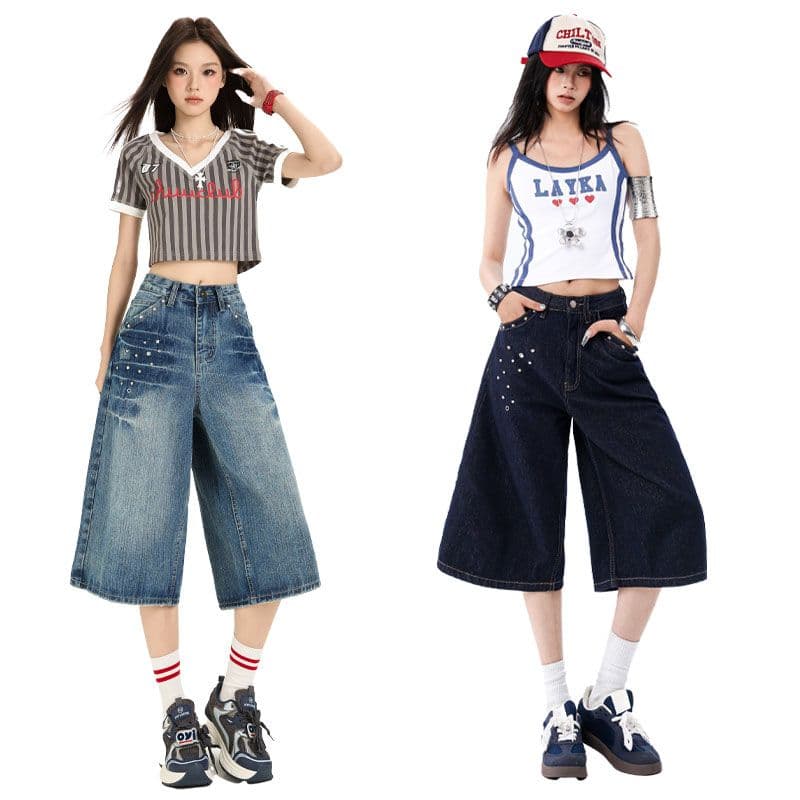더블 색상 아메리칸 레트로 폭발 대나무 마디 곡물 무거운 작업 징 밝은 훈련 워싱 데님 와이드 레그 팬츠 이미지 2
