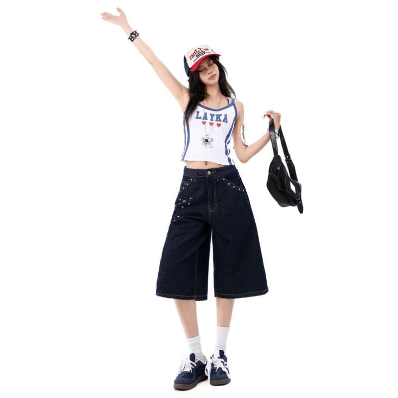 더블 색상 아메리칸 레트로 폭발 대나무 마디 곡물 무거운 작업 징 밝은 훈련 워싱 데님 와이드 레그 팬츠 이미지 4