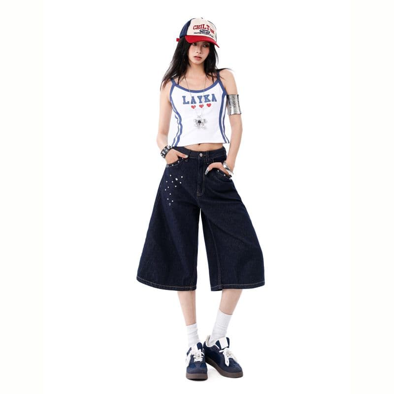 더블 색상 아메리칸 레트로 폭발 대나무 마디 곡물 무거운 작업 징 밝은 훈련 워싱 데님 와이드 레그 팬츠 이미지 3