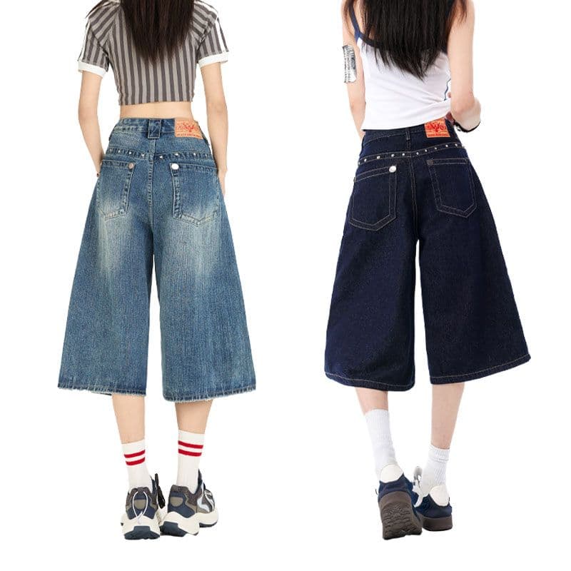더블 색상 아메리칸 레트로 폭발 대나무 마디 곡물 무거운 작업 징 밝은 훈련 워싱 데님 와이드 레그 팬츠 이미지 5