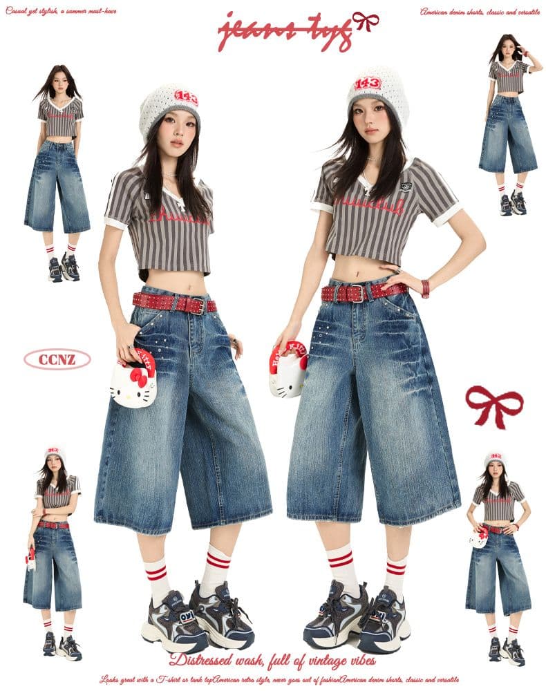 더블 색상 아메리칸 레트로 폭발 대나무 마디 곡물 무거운 작업 징 밝은 훈련 워싱 데님 와이드 레그 팬츠 상세 이미지 11