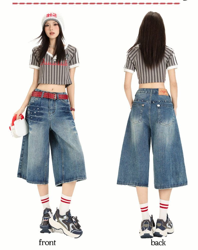 더블 색상 아메리칸 레트로 폭발 대나무 마디 곡물 무거운 작업 징 밝은 훈련 워싱 데님 와이드 레그 팬츠 상세 이미지 13