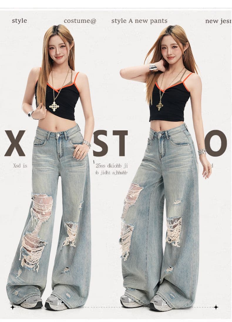 찢어진 부분 넓은 다리 청바지 여성 봄 여름 2026 년 새로운 하이웨이스트 도루 센스 루즈핏 다용도 인기 잉글랜드 스트레이트 팬츠 상세 이미지 3