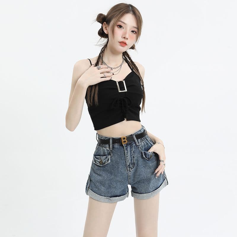 파란색 데님 반바지 여성 하이웨이스트 2026 년 여름 새로운 슬림해 보이는 레트로 다용도 볼륨 측면 포함 벨트 가격 오두막 슛 이미지 2