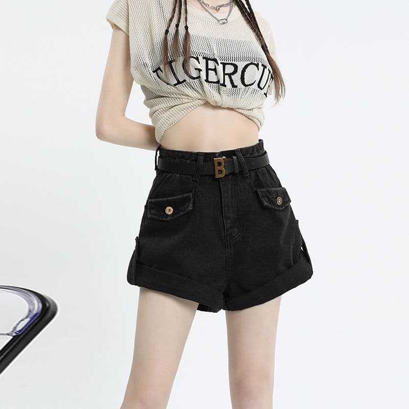 파란색 데님 반바지 여성 하이웨이스트 2026 년 여름 새로운 슬림해 보이는 레트로 다용도 볼륨 측면 포함 벨트 가격 오두막 슛 이미지 5