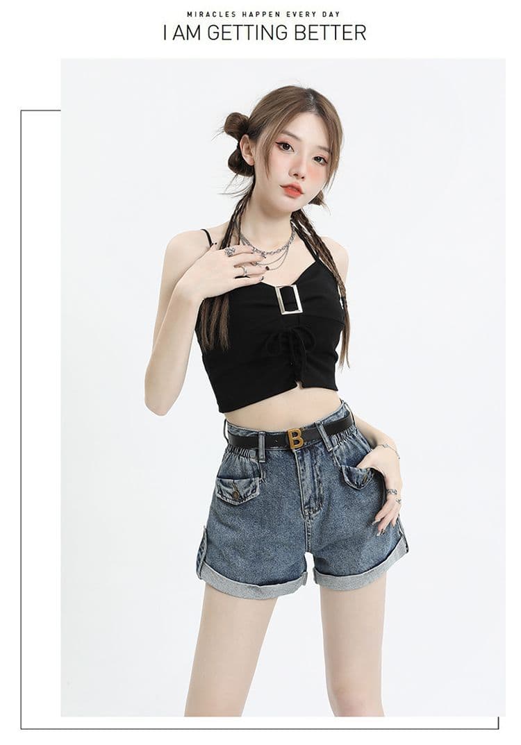 파란색 데님 반바지 여성 하이웨이스트 2026 년 여름 새로운 슬림해 보이는 레트로 다용도 볼륨 측면 포함 벨트 가격 오두막 슛 상세 이미지 13
