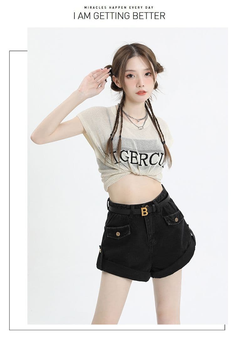 파란색 데님 반바지 여성 하이웨이스트 2026 년 여름 새로운 슬림해 보이는 레트로 다용도 볼륨 측면 포함 벨트 가격 오두막 슛 상세 이미지 19