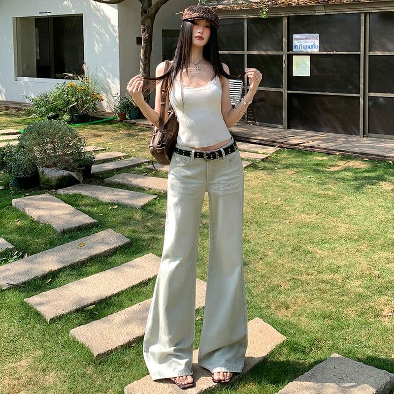 밝은 회색 색상 로우 웨이스트 마이크로 범프 청바지 여성 아메리칸 레트로 루즈핏 와이드 레그 팬츠 스트레이트 바닥 청소 롱 바지 이미지 4