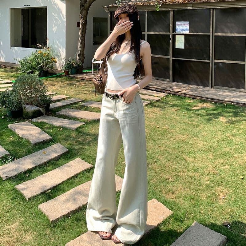 밝은 회색 색상 로우 웨이스트 마이크로 범프 청바지 여성 아메리칸 레트로 루즈핏 와이드 레그 팬츠 스트레이트 바닥 청소 롱 바지 이미지 6