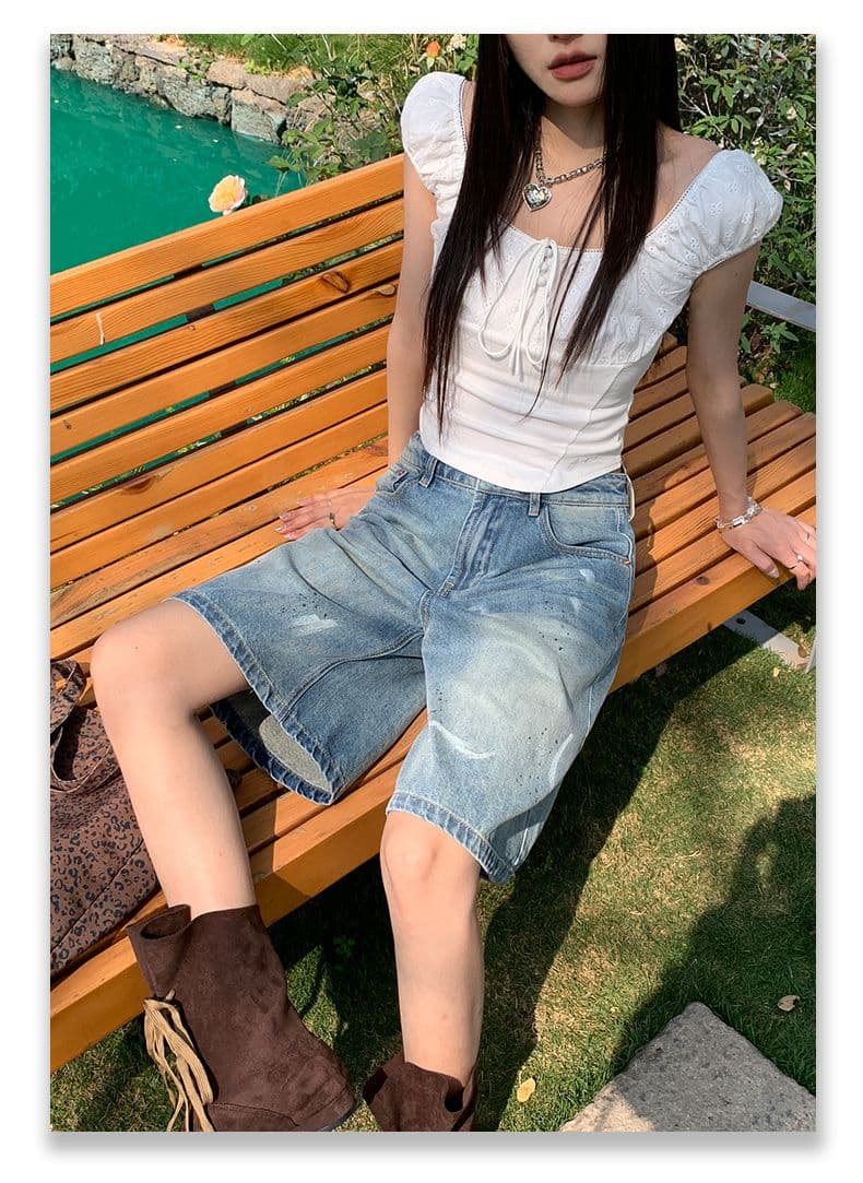아메리칸 레트로 먹물 워싱 블루 데님 바지 여성 여름 신제품 캐주얼 출퇴근 다용도 오부 바지 상세 이미지 13