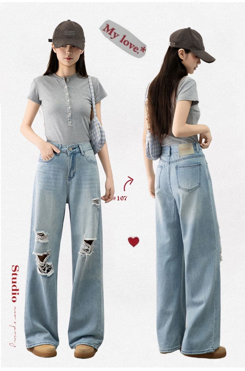 2026 하늘색 찢어진 부분 데님 여성 여름 튀김 거리 루즈핏 스트레이트 팬츠 도루 센스 넓은 다리 길이 바지 상세 이미지 1