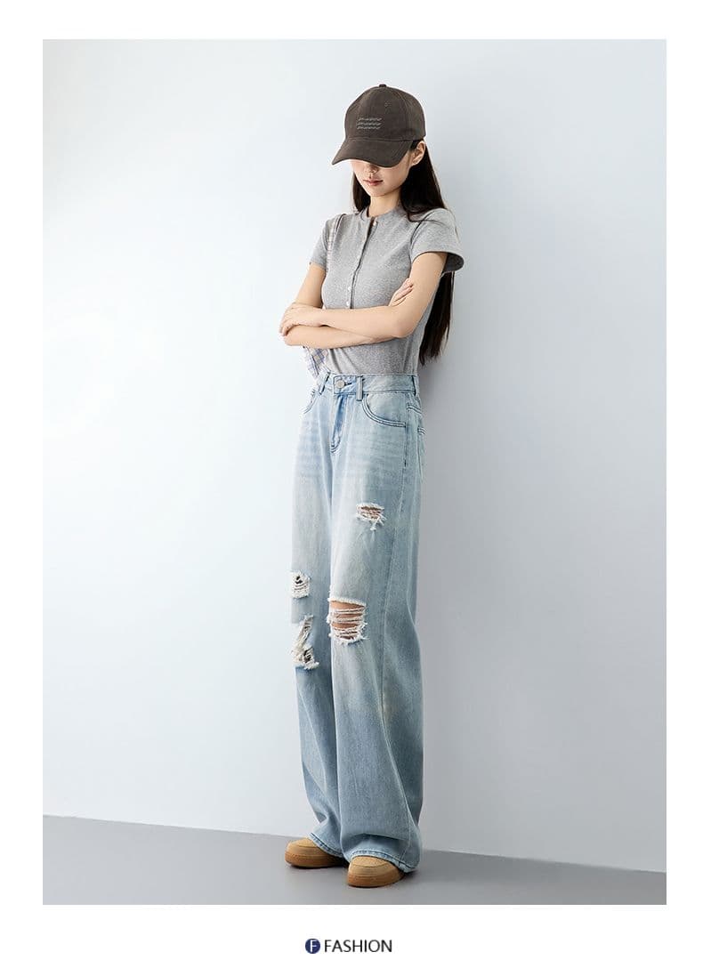 2026 하늘색 찢어진 부분 데님 여성 여름 튀김 거리 루즈핏 스트레이트 팬츠 도루 센스 넓은 다리 길이 바지 상세 이미지 14
