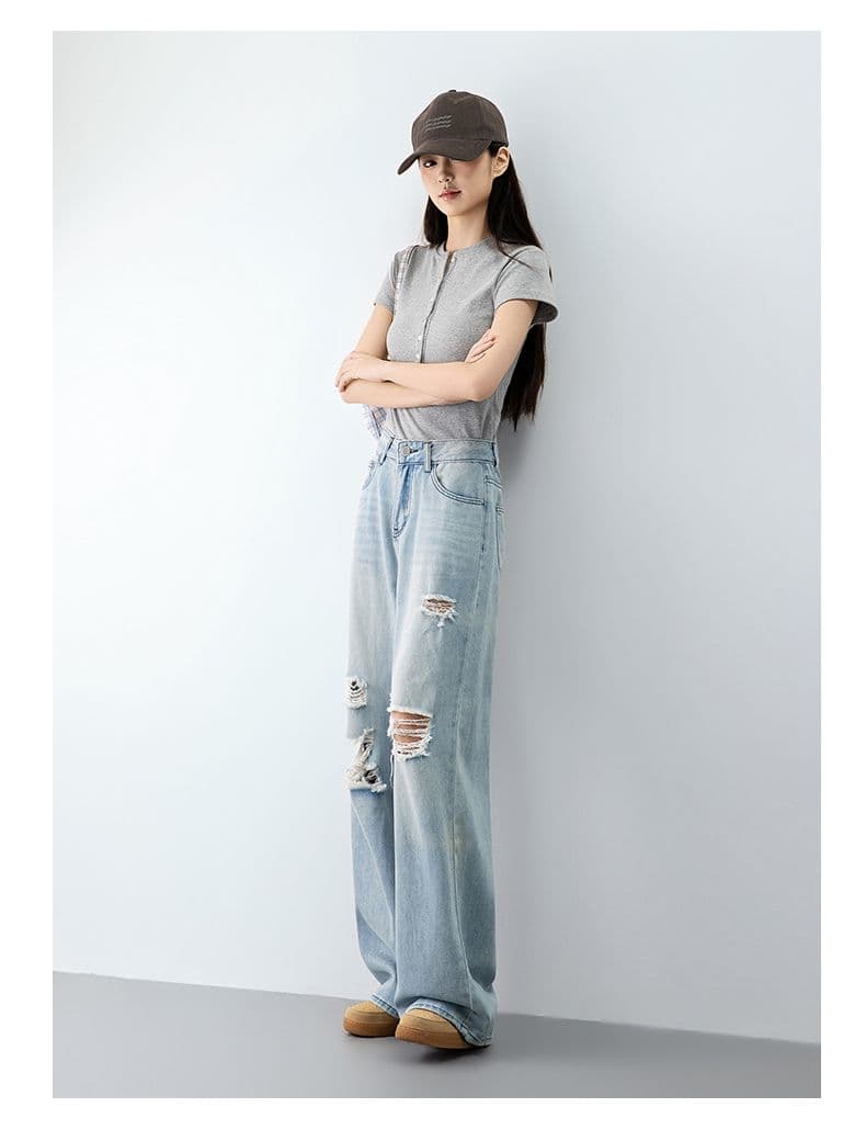 2026 하늘색 찢어진 부분 데님 여성 여름 튀김 거리 루즈핏 스트레이트 팬츠 도루 센스 넓은 다리 길이 바지 상세 이미지 15