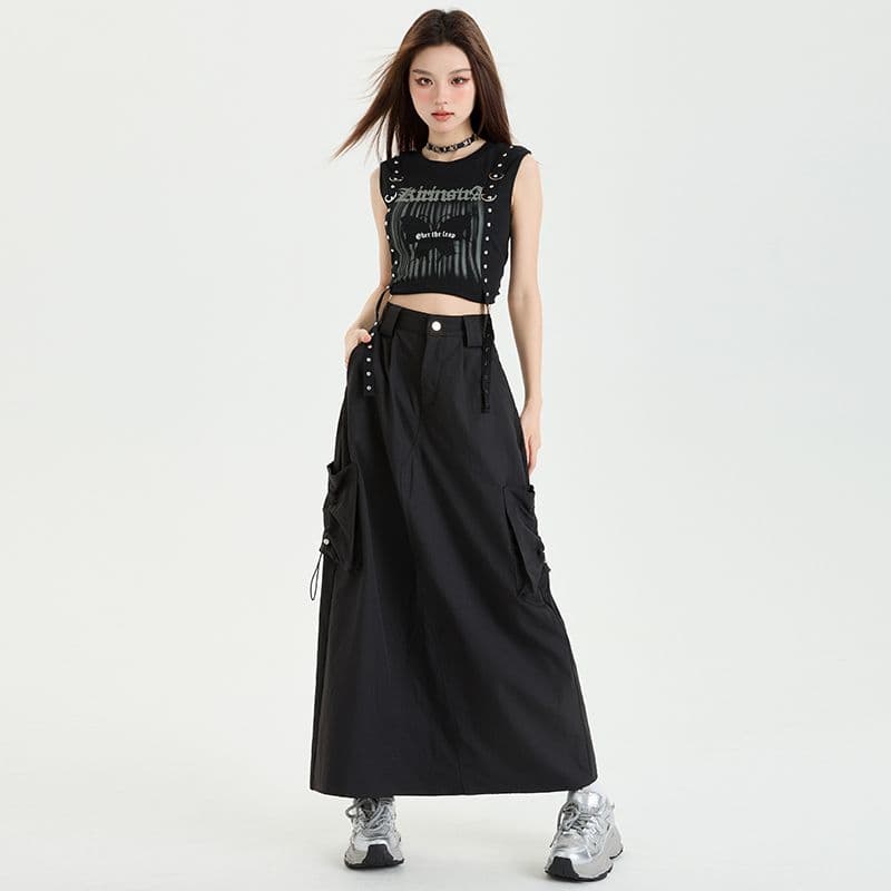 봄 가을 새로운 아메리칸 캐주얼 워크웨어 치마 하이웨이스트 A라인 스커트 단색 롱 스커트 디자인 센스 반신 스커트 아이들 이미지 2