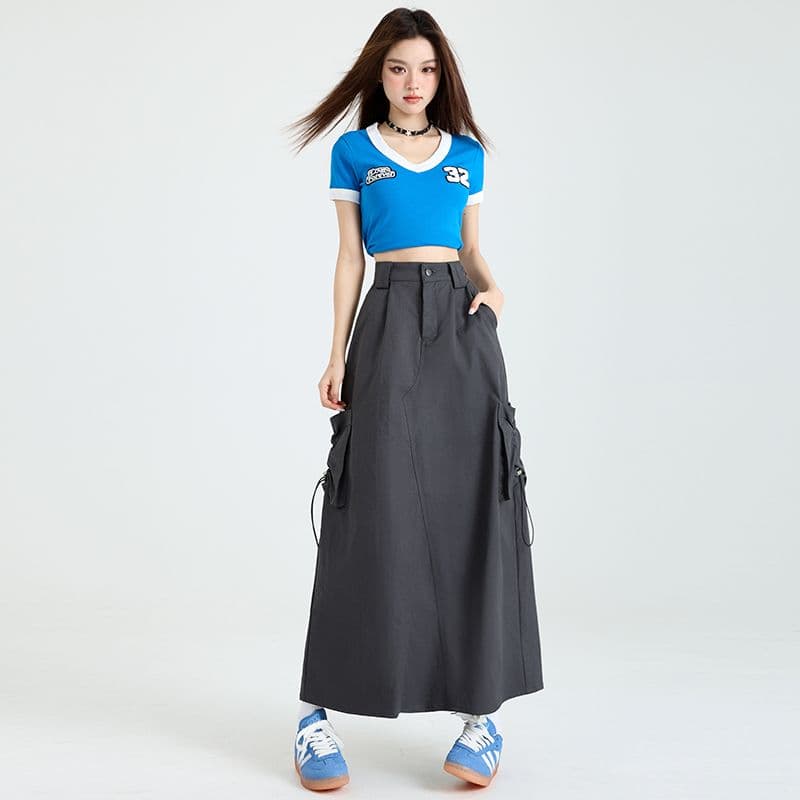 봄 가을 새로운 아메리칸 캐주얼 워크웨어 치마 하이웨이스트 A라인 스커트 단색 롱 스커트 디자인 센스 반신 스커트 아이들 이미지 5