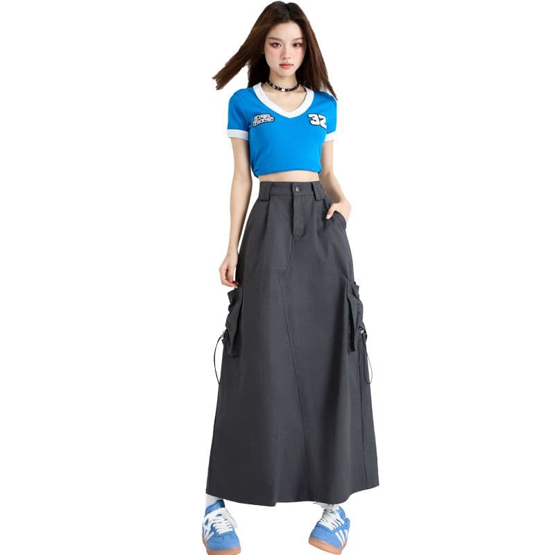 봄 가을 새로운 아메리칸 캐주얼 워크웨어 치마 하이웨이스트 A라인 스커트 단색 롱 스커트 디자인 센스 반신 스커트 아이들 이미지 6