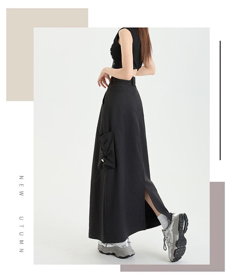 봄 가을 새로운 아메리칸 캐주얼 워크웨어 치마 하이웨이스트 A라인 스커트 단색 롱 스커트 디자인 센스 반신 스커트 아이들 상세 이미지 3
