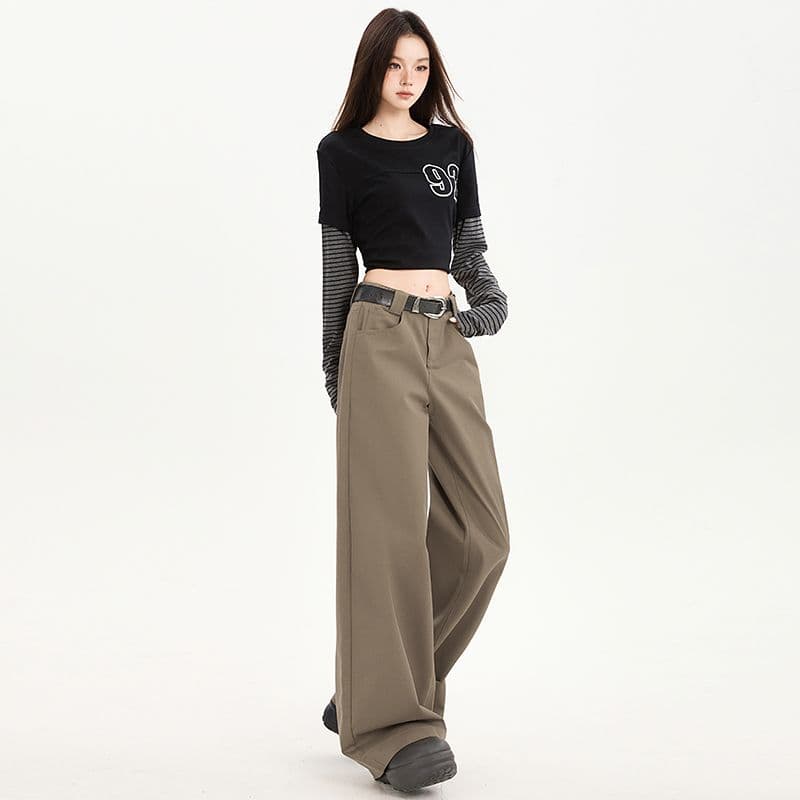 봄 단색 캐주얼 바지 여성 하이웨이스트 브라운 아메리칸 높음 거리 스트레이트 루즈핏 넓은 다리 바닥 청소 바지 아이들 이미지 5