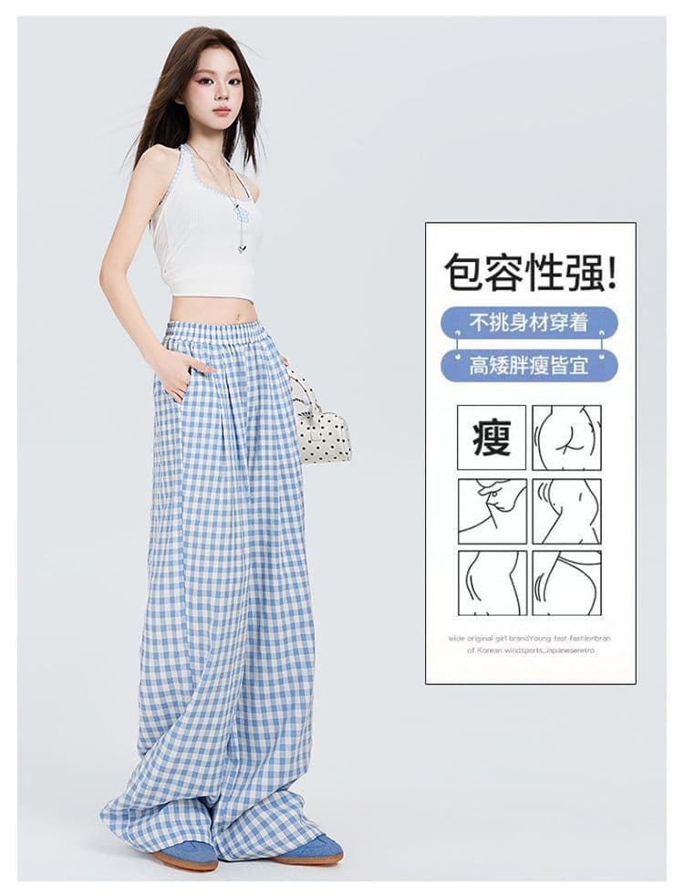 여름 새로운 파란색 체크무늬 바지 여성 도파민 아메리칸 캐주얼 스트레이트 루즈핏 와이드 레그 팬츠 어린이 상세 이미지 5