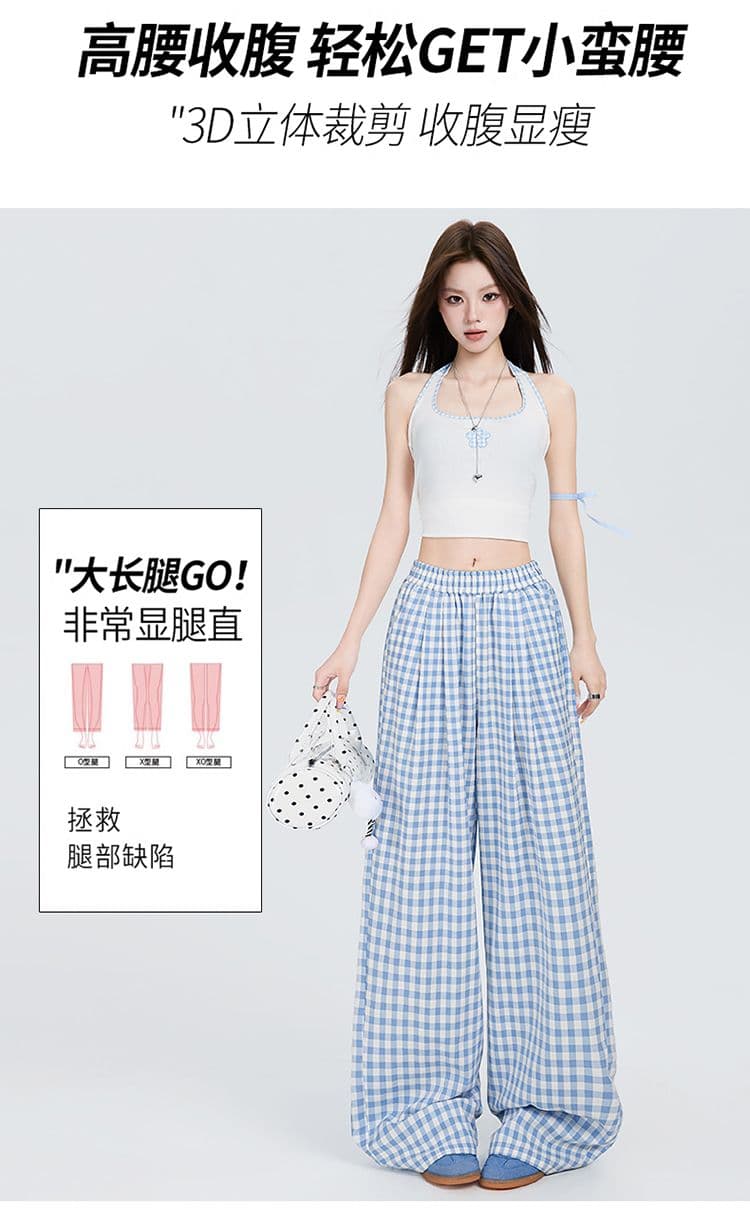 여름 새로운 파란색 체크무늬 바지 여성 도파민 아메리칸 캐주얼 스트레이트 루즈핏 와이드 레그 팬츠 어린이 상세 이미지 6