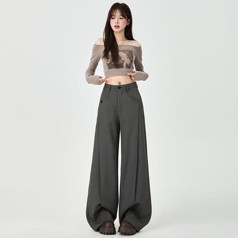 봄 새로운 모통이 칼 캐주얼 바지 여성 슬림해 보이는 넓은 다리 바나나 바지 루즈핏 검정색 도루 센스 정장 바지 이미지 3