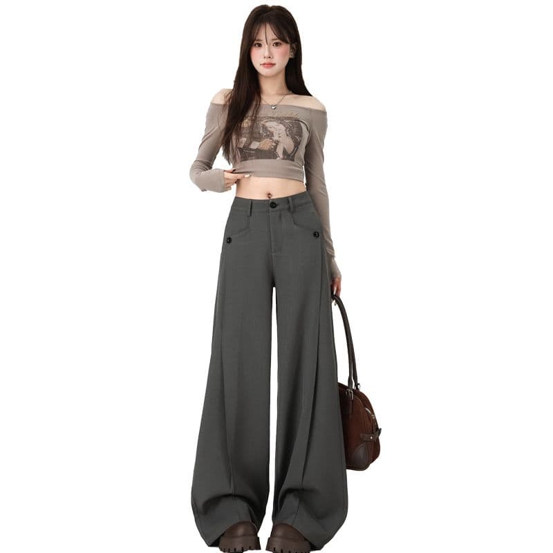 봄 새로운 모통이 칼 캐주얼 바지 여성 슬림해 보이는 넓은 다리 바나나 바지 루즈핏 검정색 도루 센스 정장 바지 이미지 6