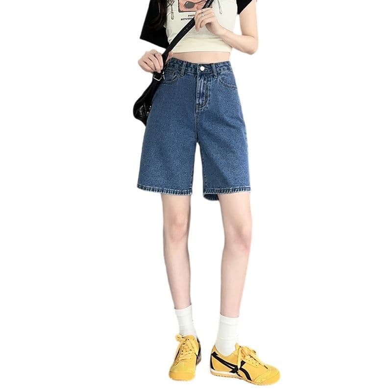 실사 데님 반바지 여성 여름 새로운 디자인 센스 하이웨이스트 5 점 바지 루즈핏 넓은 다리 5 점 바지 이미지 6