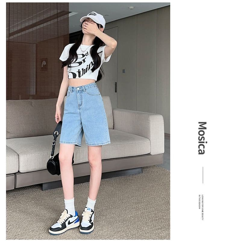 실사 데님 반바지 여성 여름 새로운 디자인 센스 하이웨이스트 5 점 바지 루즈핏 넓은 다리 5 점 바지 상세 이미지 19