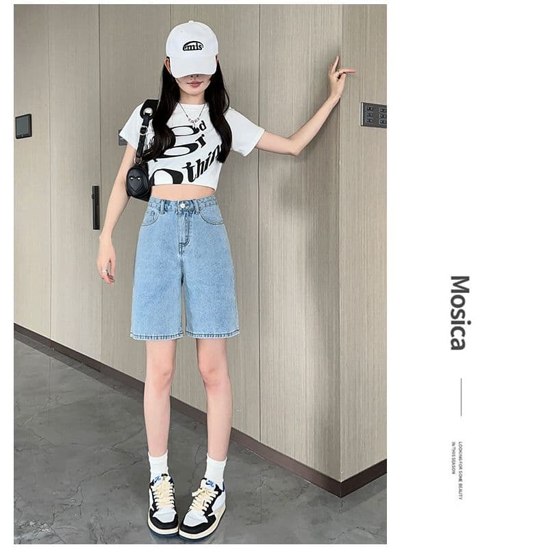 실사 데님 반바지 여성 여름 새로운 디자인 센스 하이웨이스트 5 점 바지 루즈핏 넓은 다리 5 점 바지 상세 이미지 23